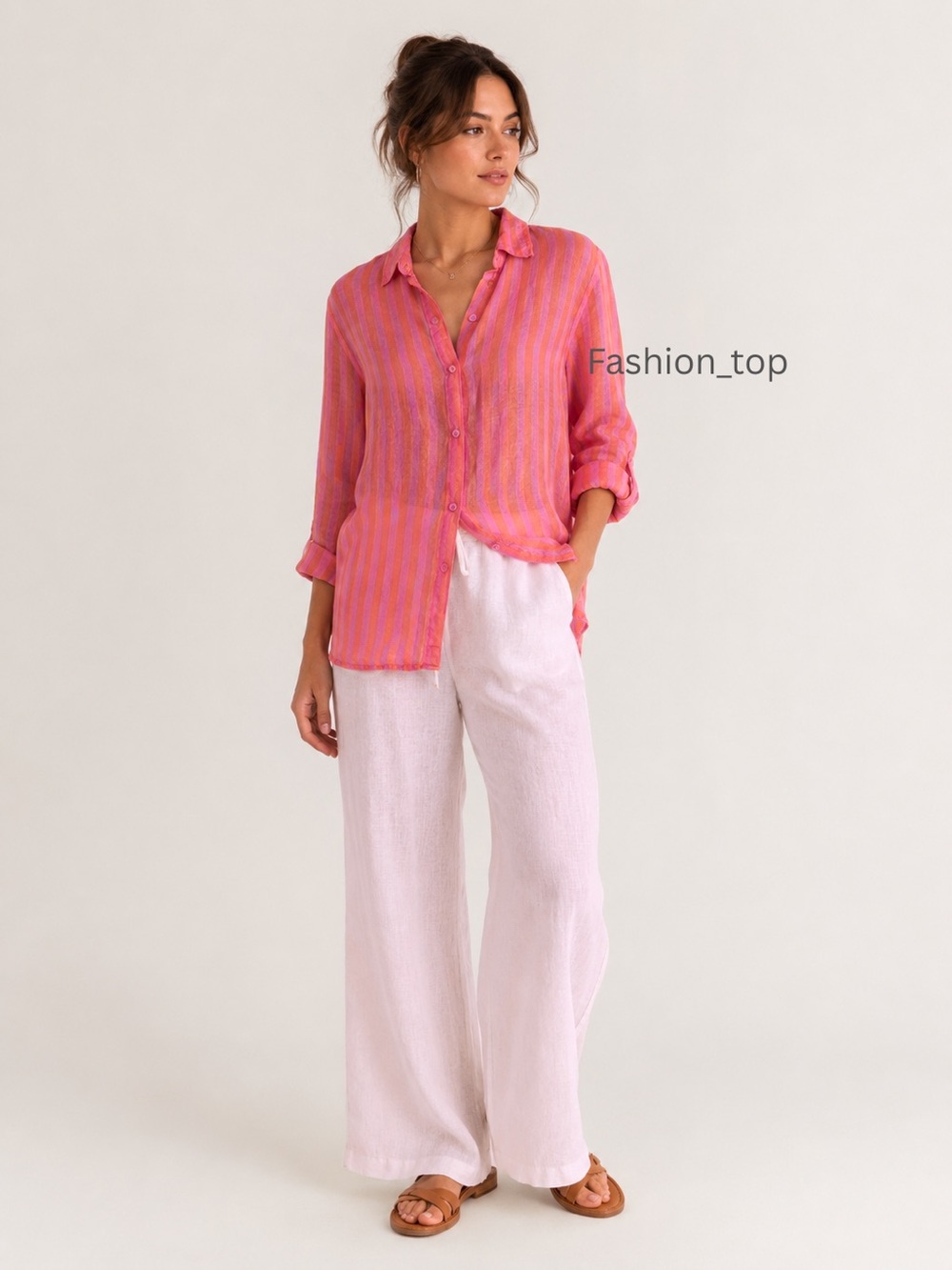 Nicole Miller Pink & Coral Striped Linen Button-Up Shirt - Women’s Size L